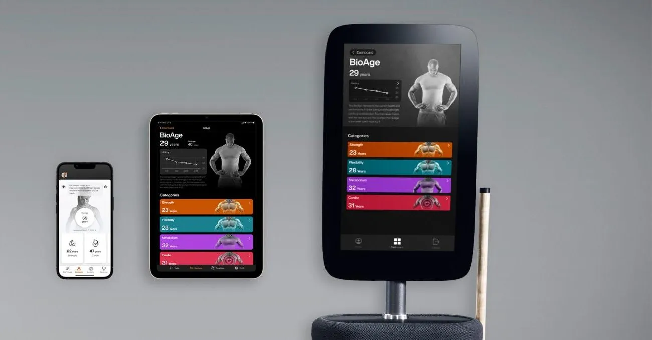The EGYM app on a phone and a tablet beside the Fitness Hub, each showing a BioAge dashboard.