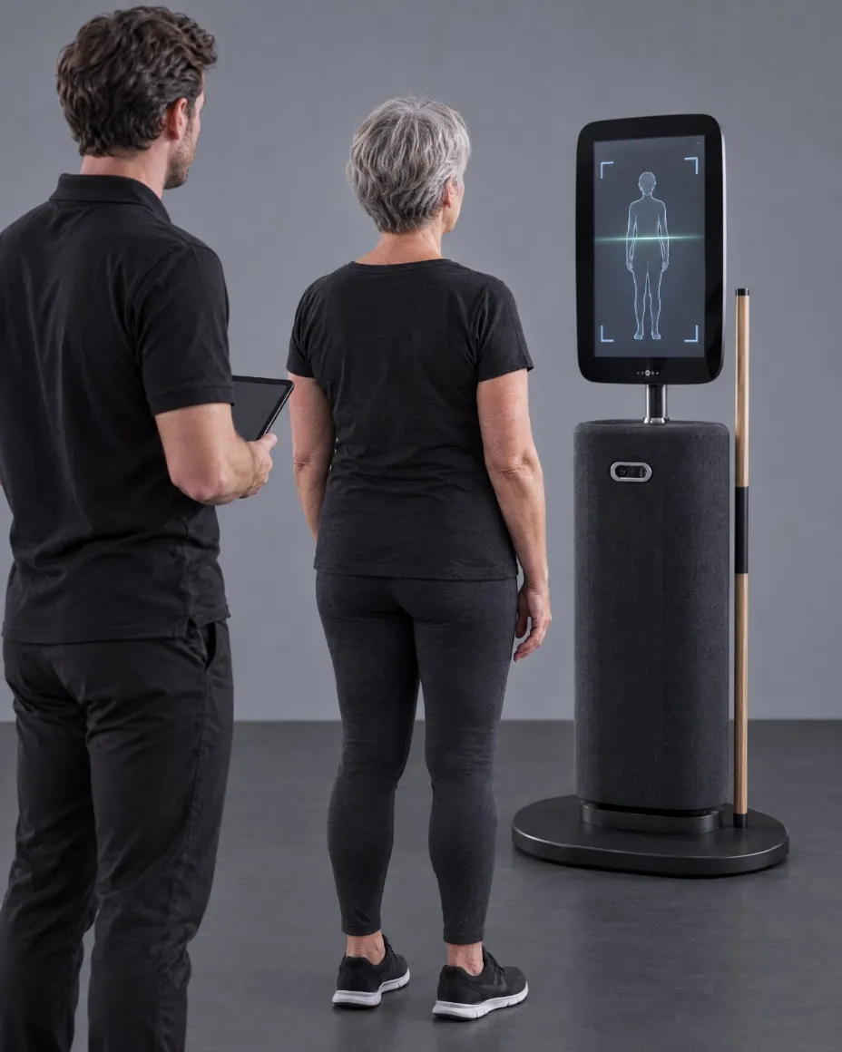A woman in her late fifties stands at the EGYM Fitness Hub while it scans her, her coach behind her with a tablet.
