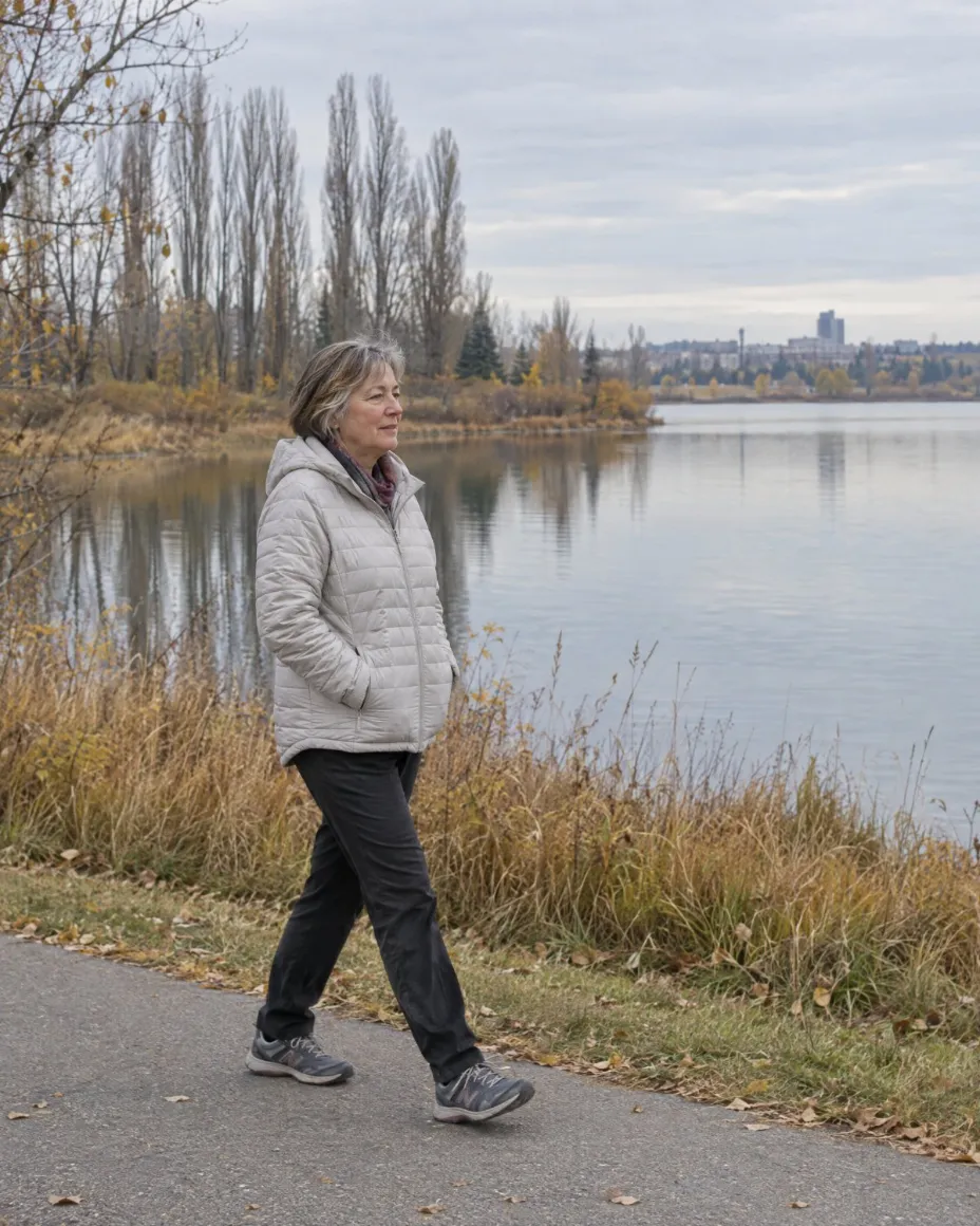 A woman in her late fifties walks a lakeside path in a prairie city park on an autumn morning.