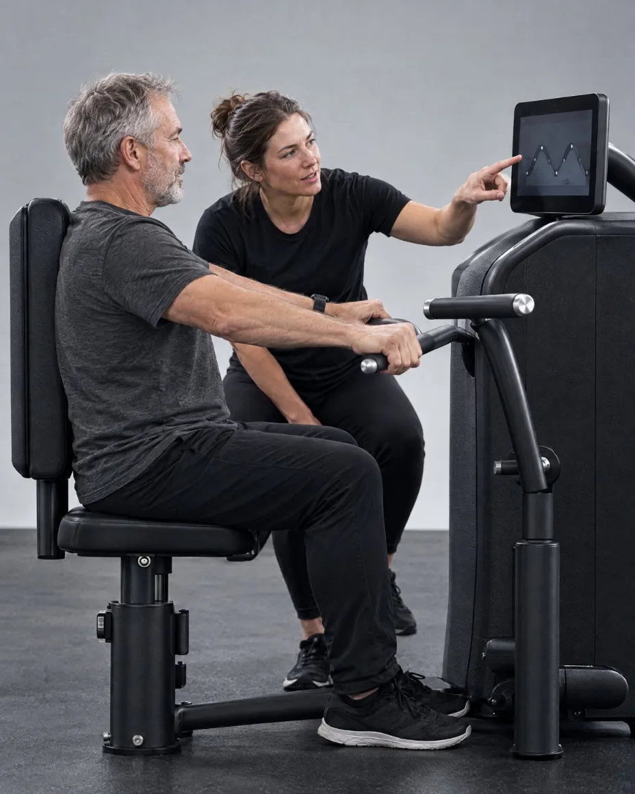 A man in his sixties trains on an EGYM Smart Strength machine while his coach points to the screen.